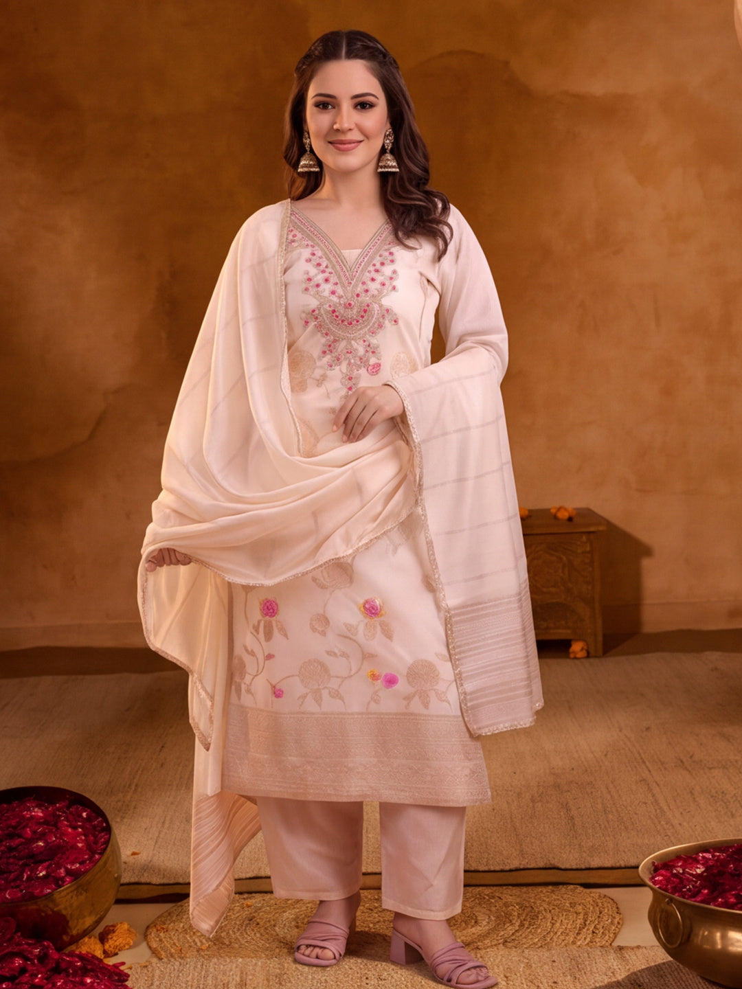 Women Embroidered Cream Straight Kurta Set with Dupatta