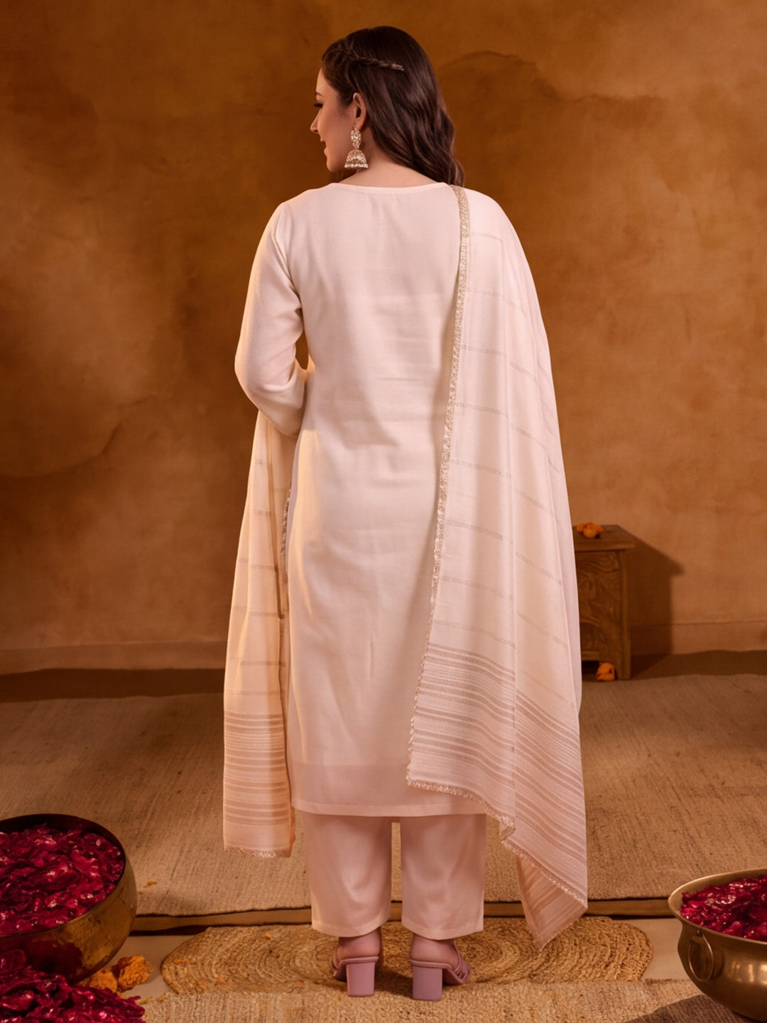 Women Embroidered Cream Straight Kurta Set with Dupatta