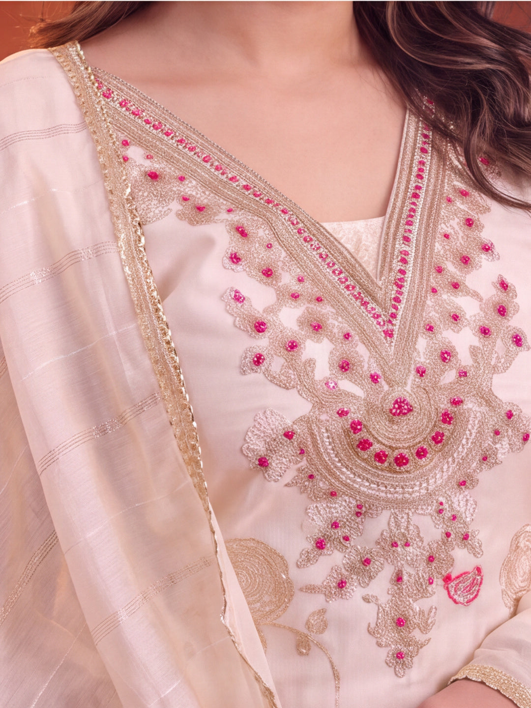 Women Embroidered Cream Straight Kurta Set with Dupatta