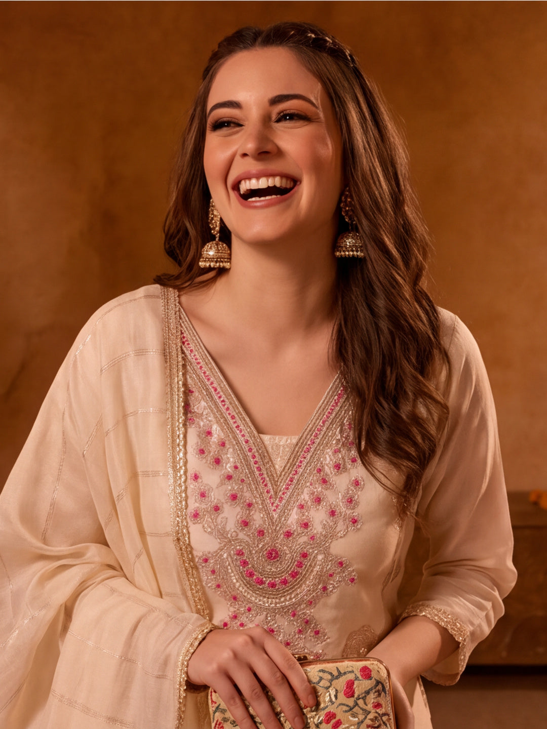 Women Embroidered Cream Straight Kurta Set with Dupatta