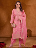Women Embroidered Pink Straight Kurta Set with Dupatta