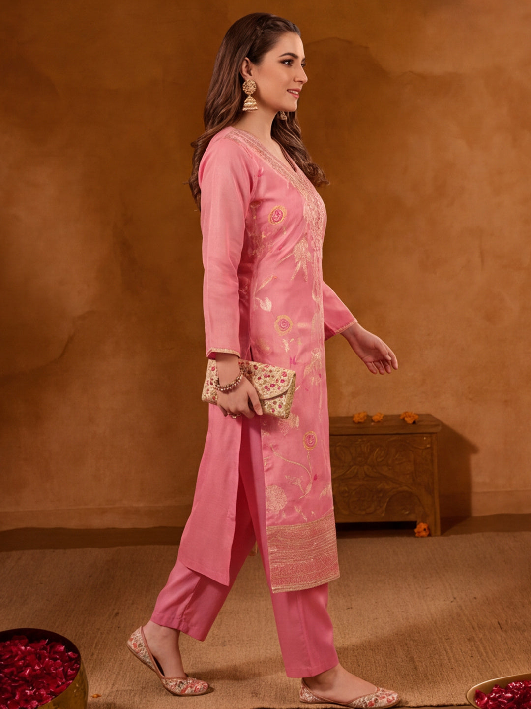 Women Embroidered Pink Straight Kurta Set with Dupatta