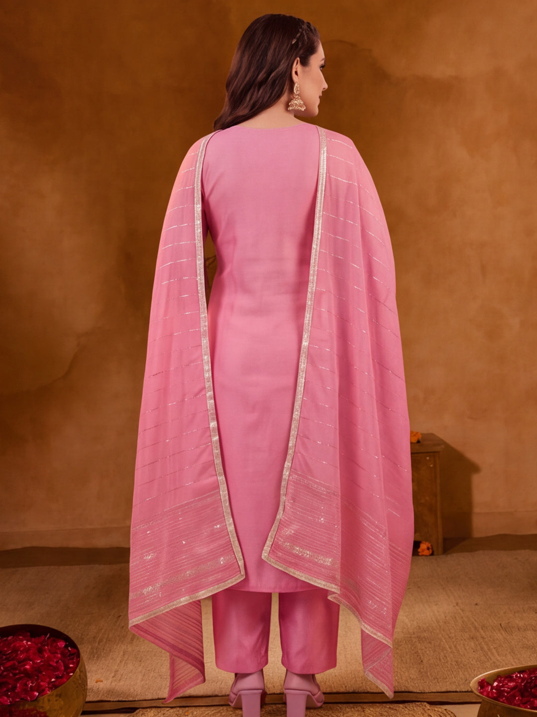 Women Embroidered Pink Straight Kurta Set with Dupatta