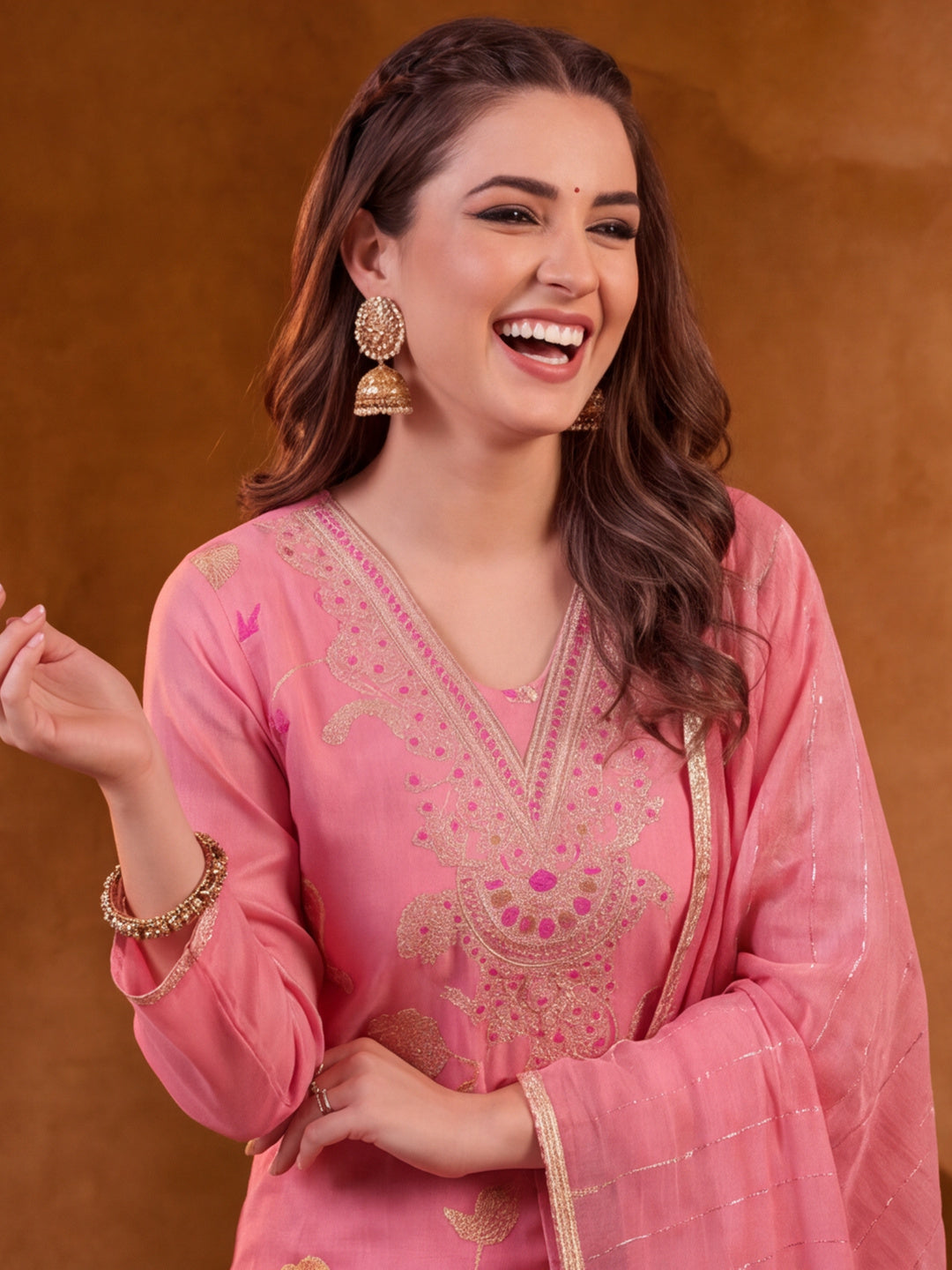 Women Embroidered Pink Straight Kurta Set with Dupatta