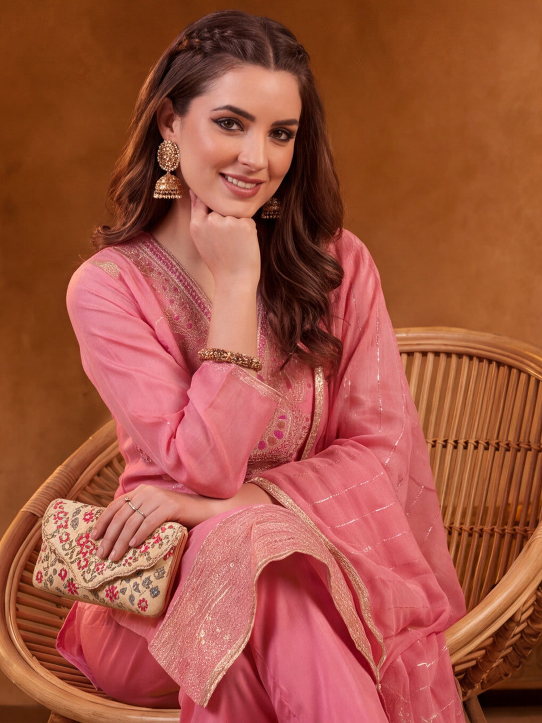 Women Embroidered Pink Straight Kurta Set with Dupatta