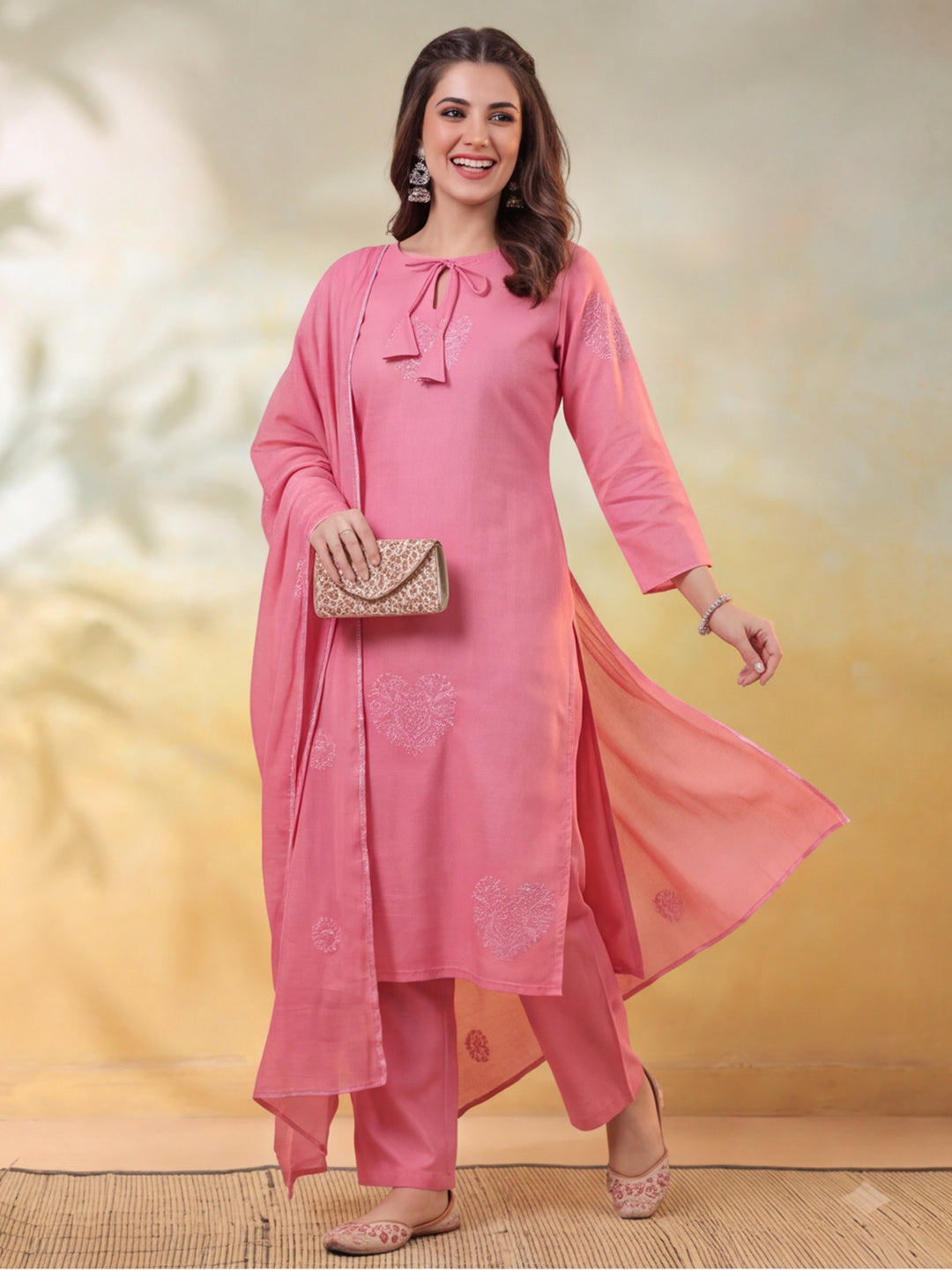Women Embroidered Pink Straight Kurta Set with Dupatta