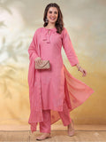 Women Embroidered Pink Straight Kurta Set with Dupatta