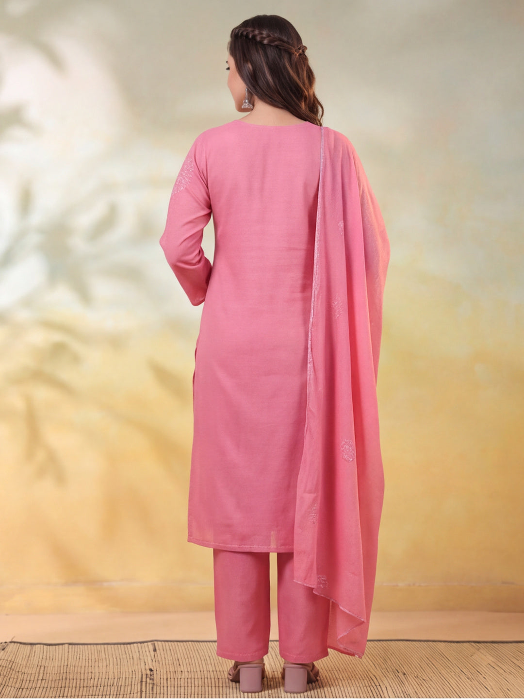 Women Embroidered Pink Straight Kurta Set with Dupatta