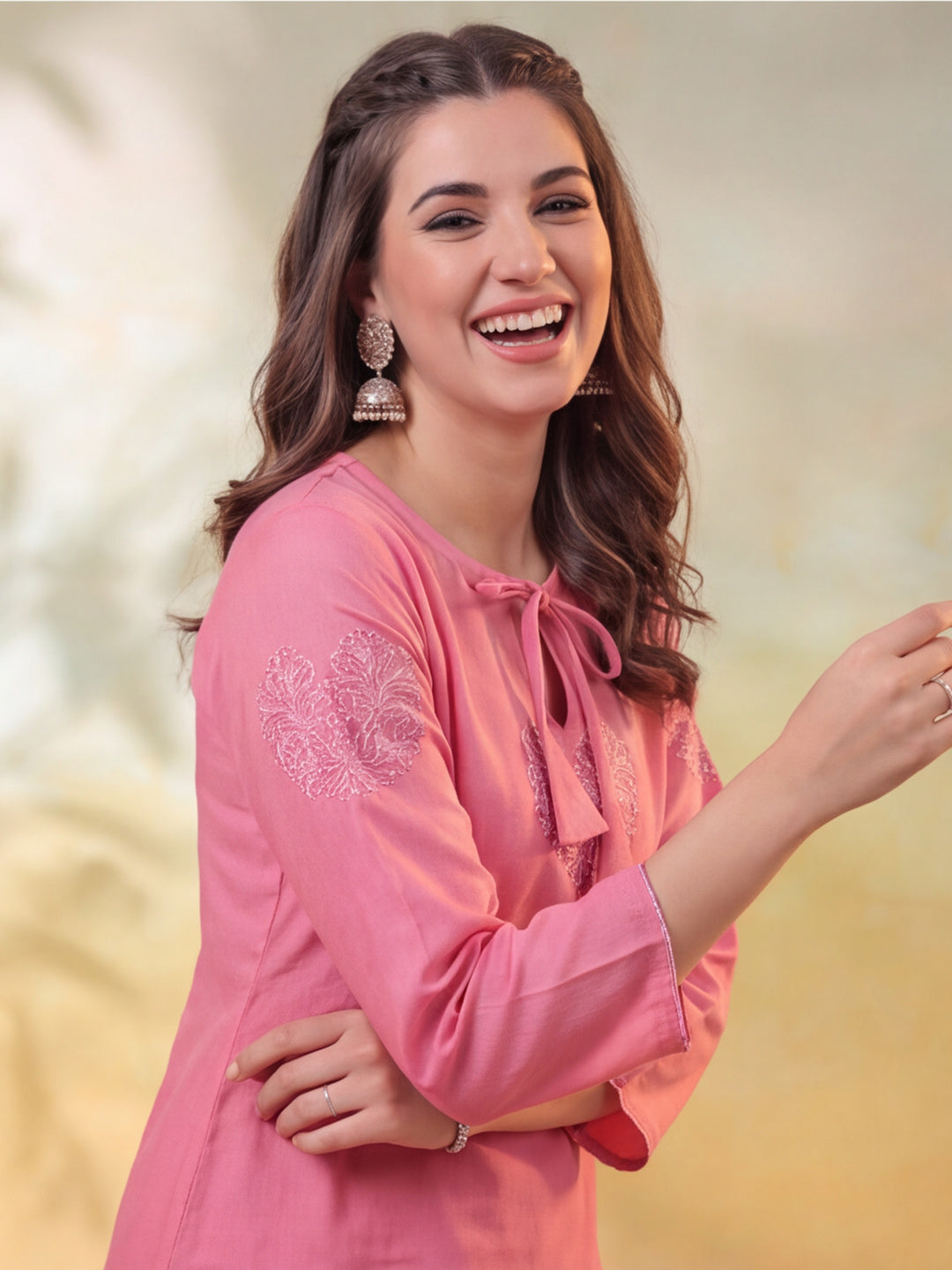 Women Embroidered Pink Straight Kurta Set with Dupatta