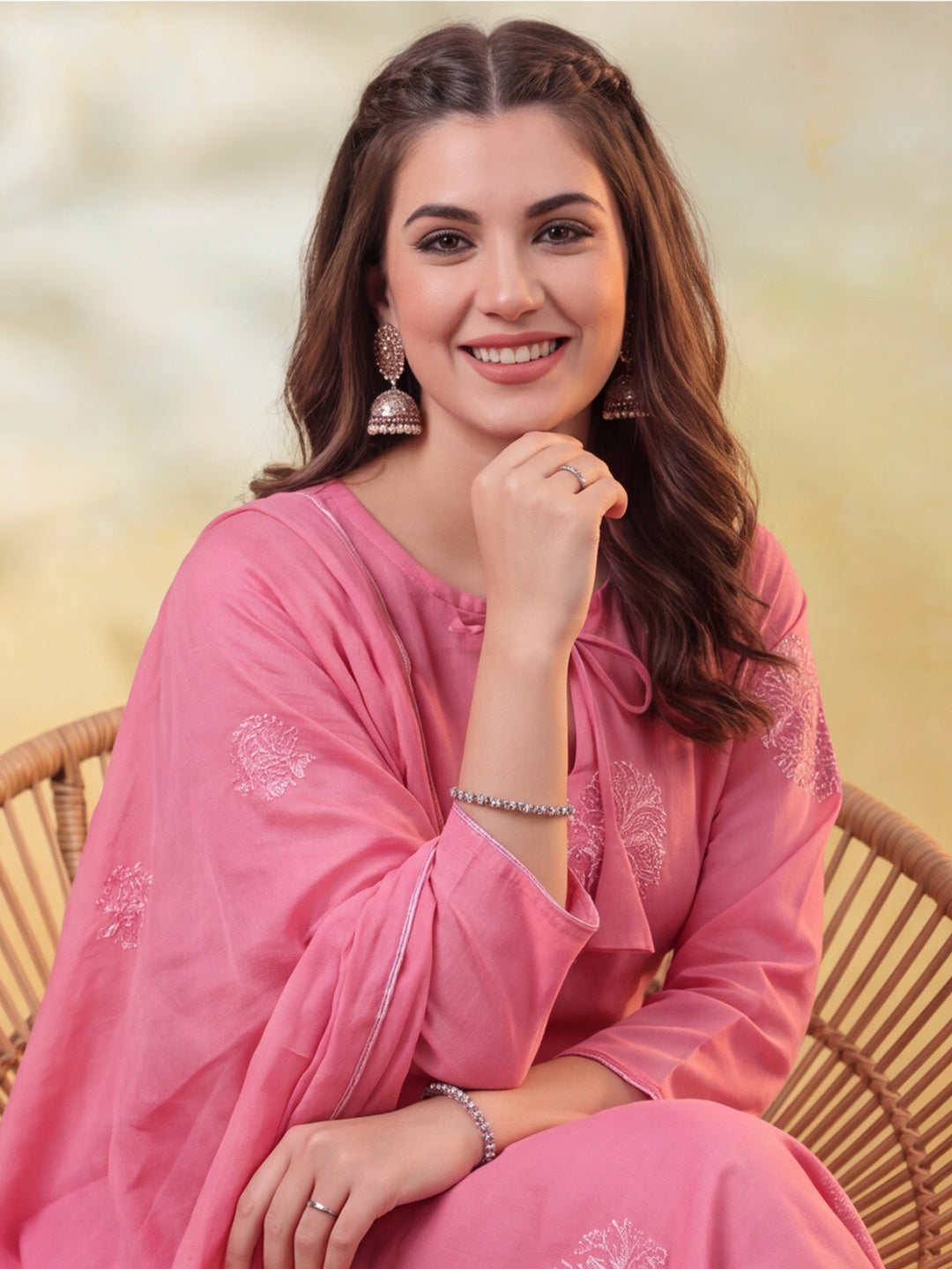 Women Embroidered Pink Straight Kurta Set with Dupatta