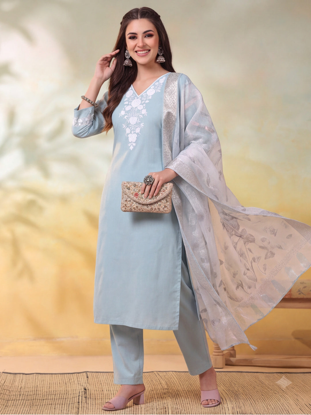Women Embroidered Light Blue Straight Kurta Set with Dupatta