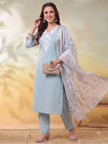 Women Embroidered Light Blue Straight Kurta Set with Dupatta