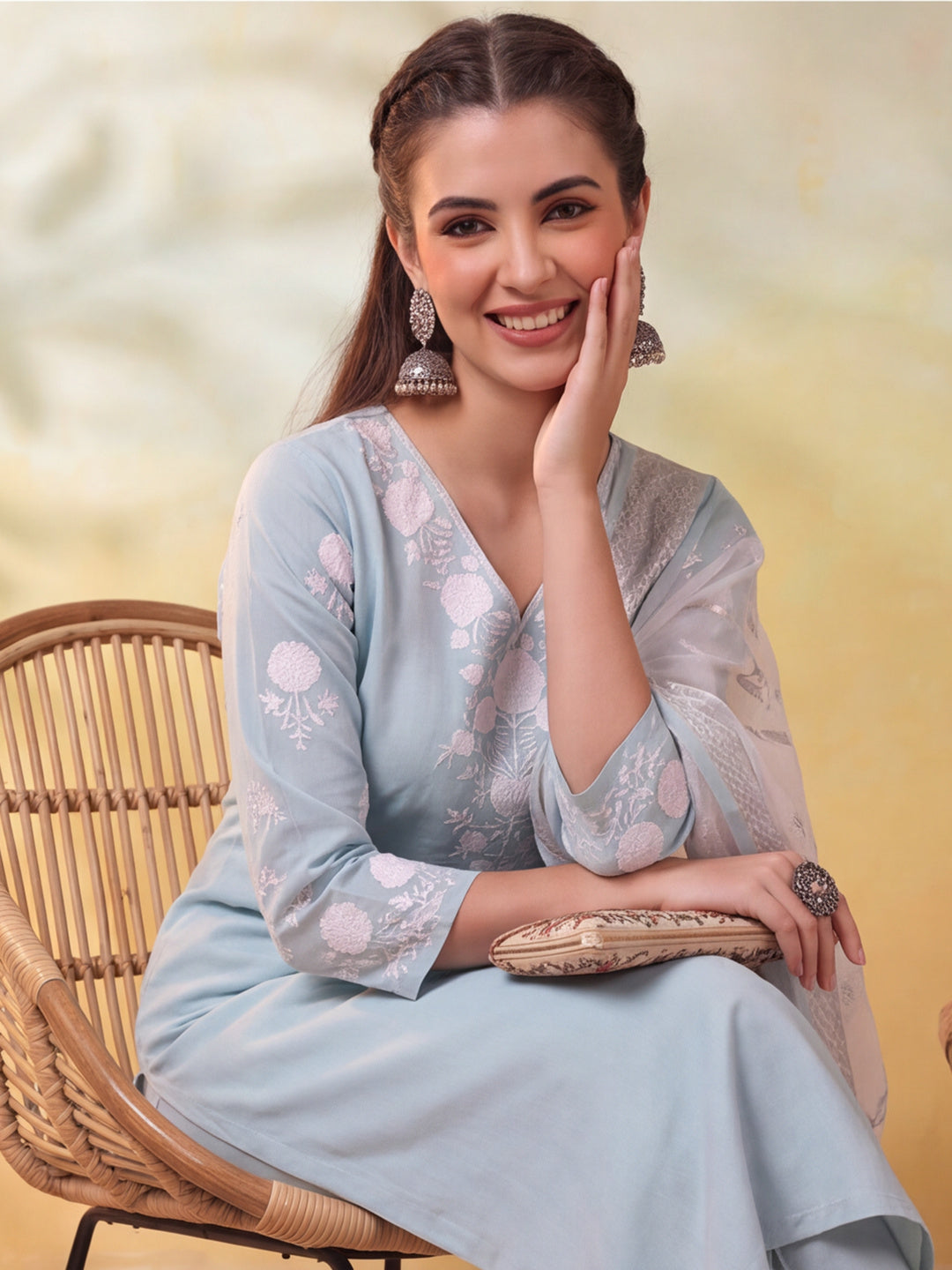 Women Embroidered Light Blue Straight Kurta Set with Dupatta