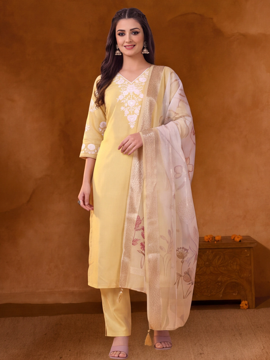 Women Embroidered Yellow Straight Kurta Set with Dupatta