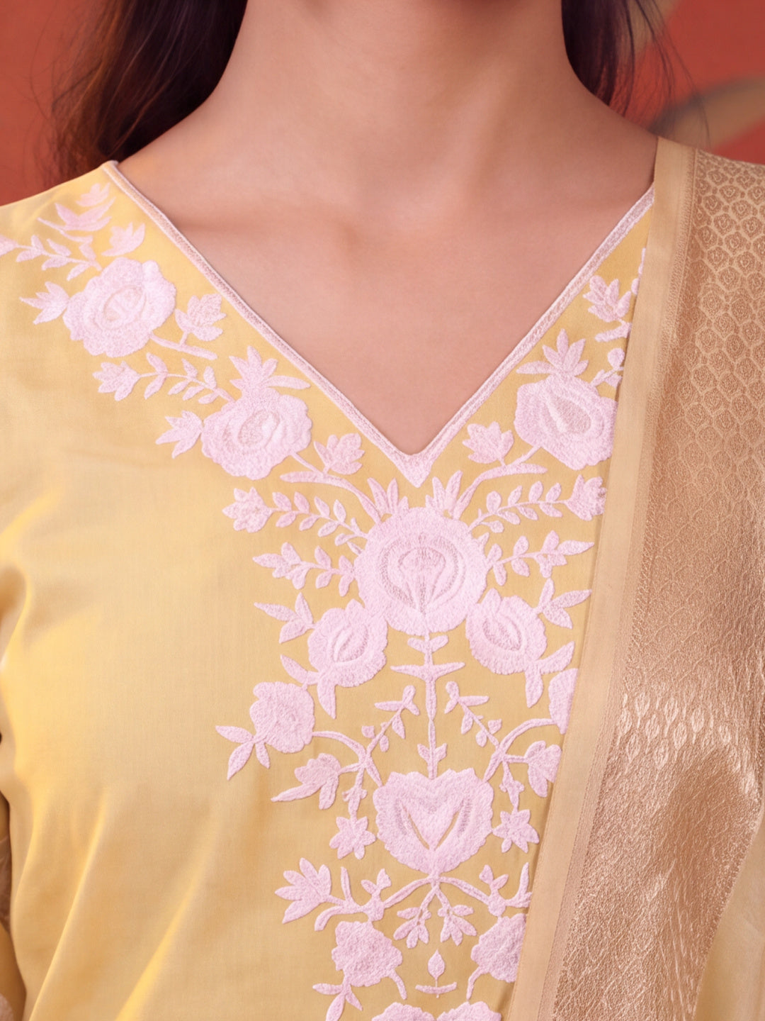 Women Embroidered Yellow Straight Kurta Set with Dupatta