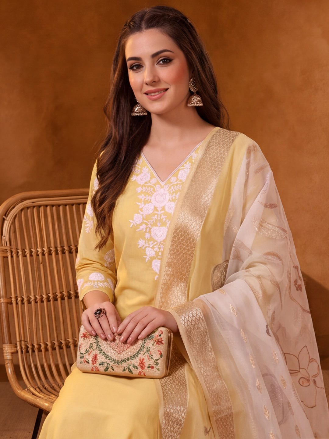 Women Embroidered Yellow Straight Kurta Set with Dupatta