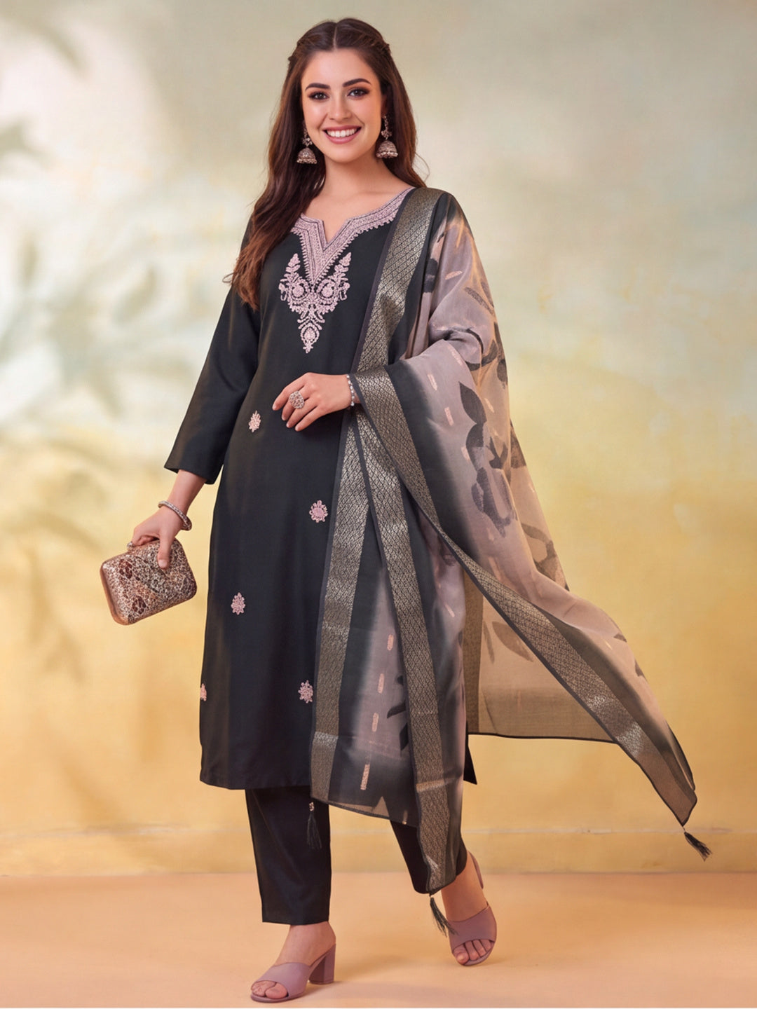 Women Embroidered Dark Green Straight Kurta Set with Dupatta