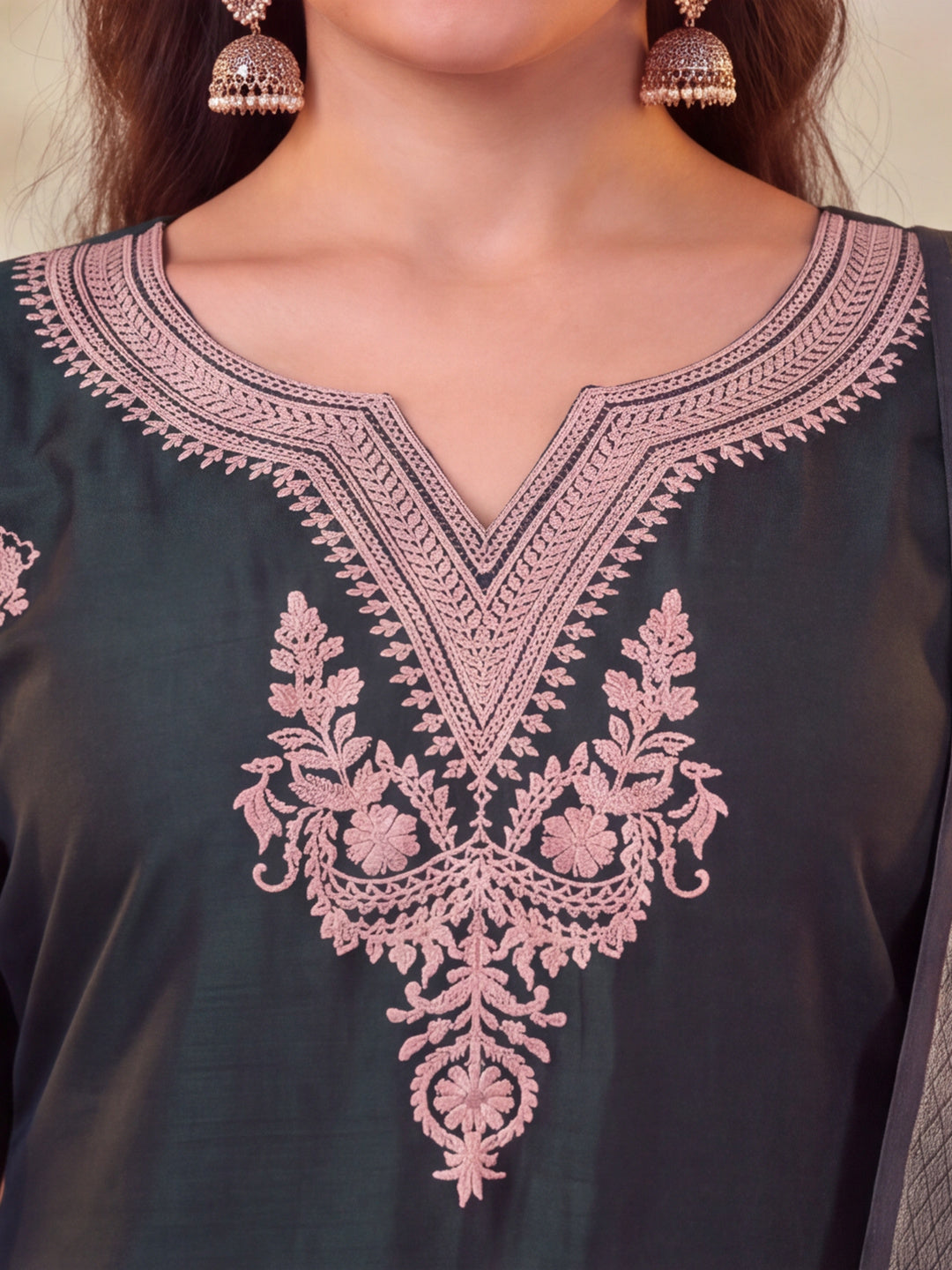 Women Embroidered Dark Green Straight Kurta Set with Dupatta