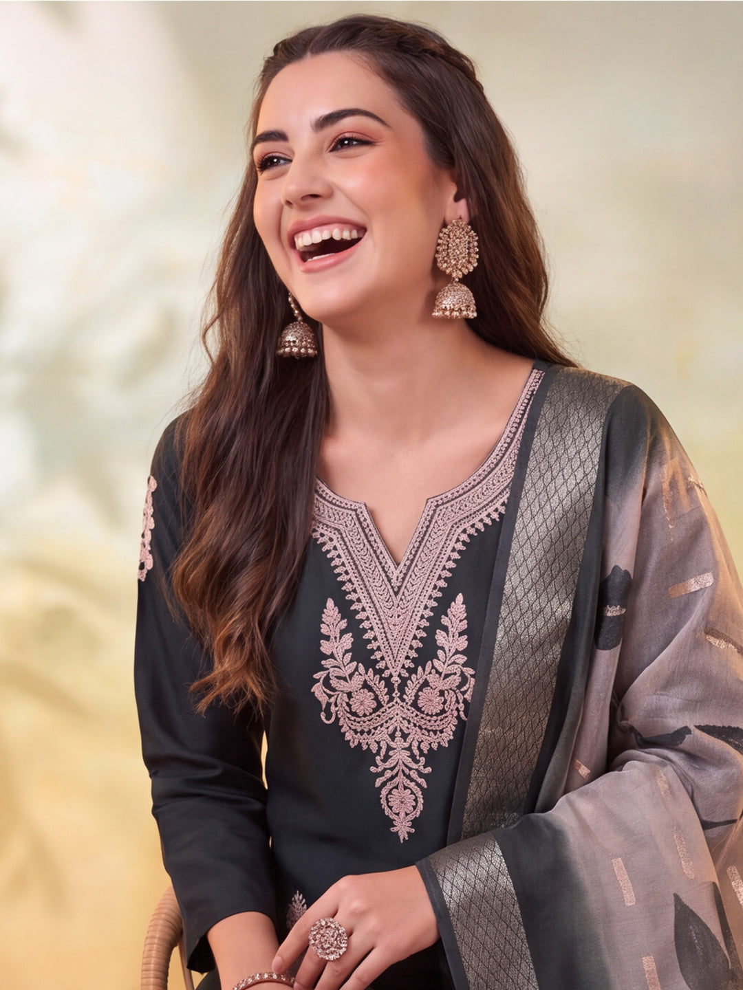 Women Embroidered Dark Green Straight Kurta Set with Dupatta