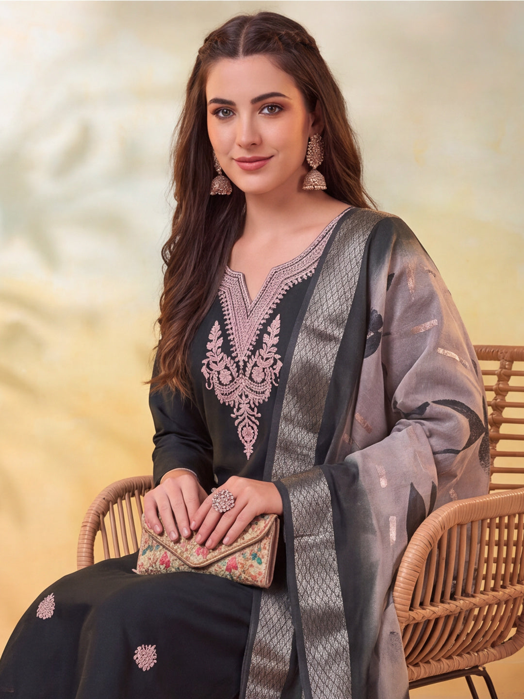 Women Embroidered Dark Green Straight Kurta Set with Dupatta
