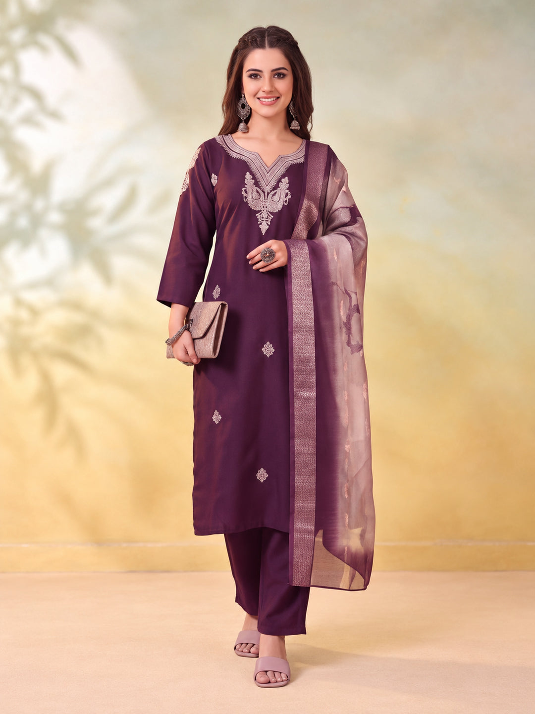 Women Embroidered Wine Straight Kurta Set with Dupatta