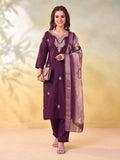Women Embroidered Wine Straight Kurta Set with Dupatta