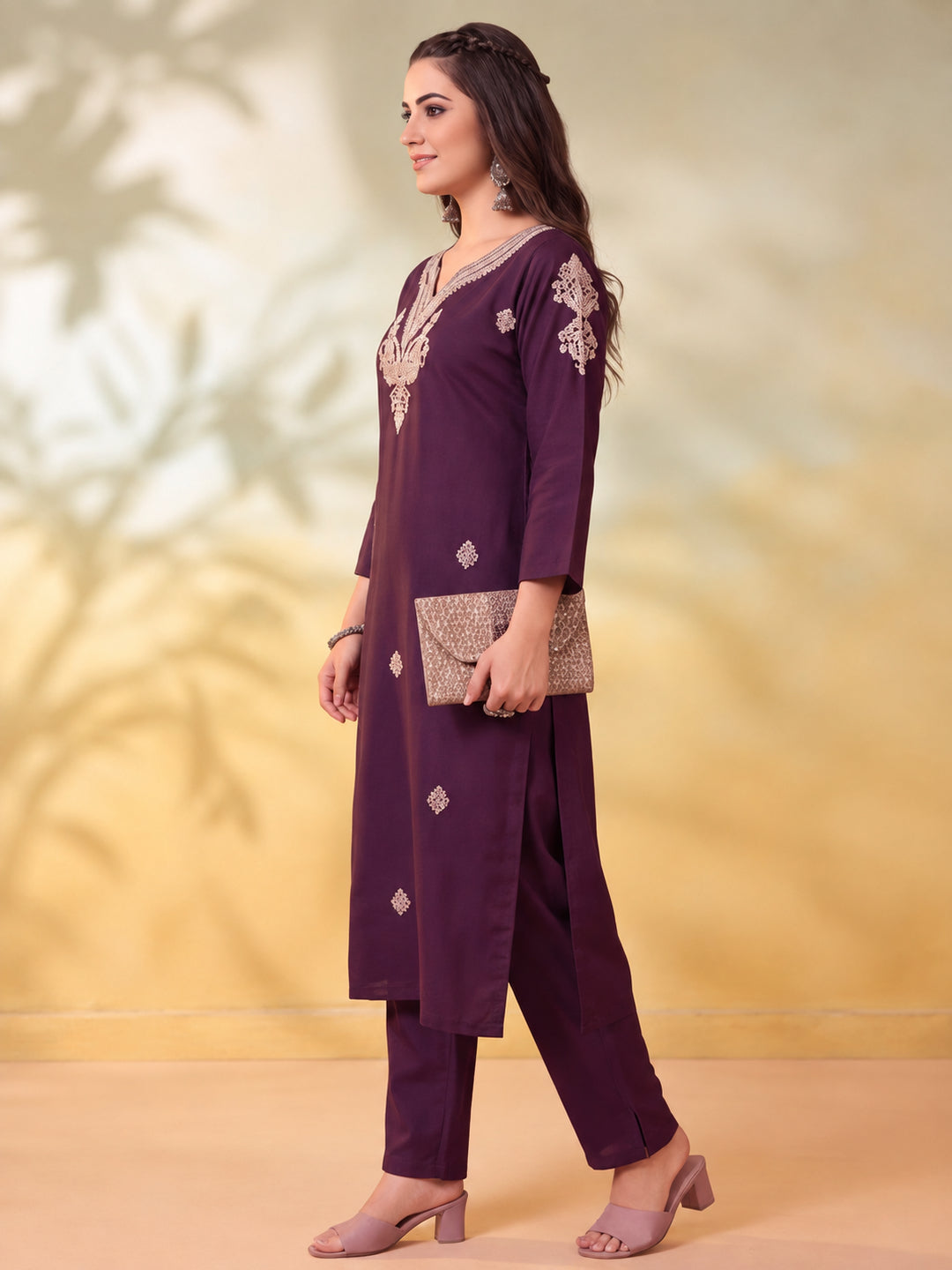 Women Embroidered Wine Straight Kurta Set with Dupatta