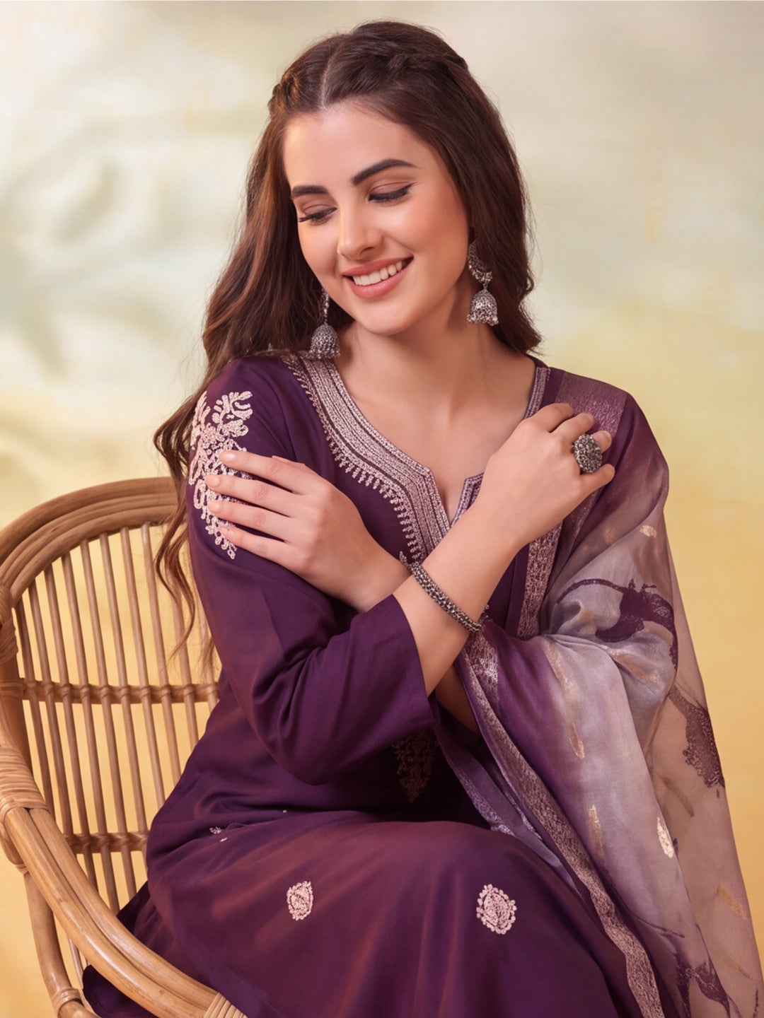 Women Embroidered Wine Straight Kurta Set with Dupatta