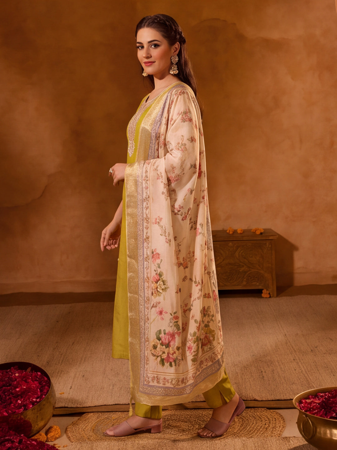 Women Embroidered Mustard Straight Kurta Set with Dupatta