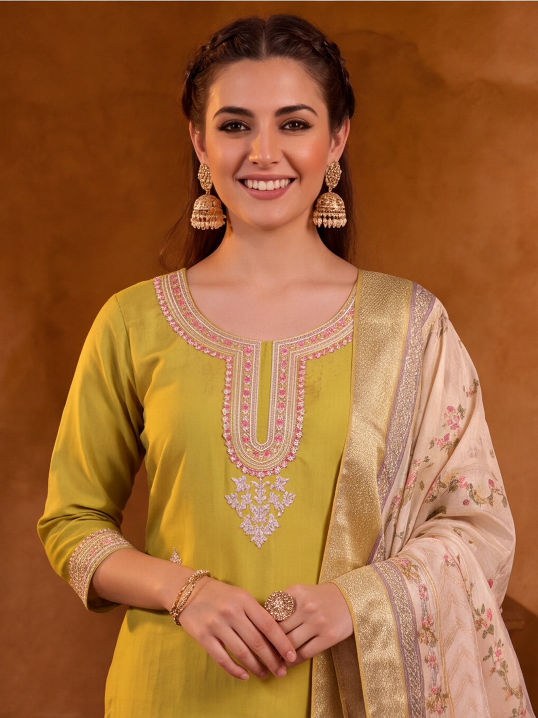 Women Embroidered Mustard Straight Kurta Set with Dupatta