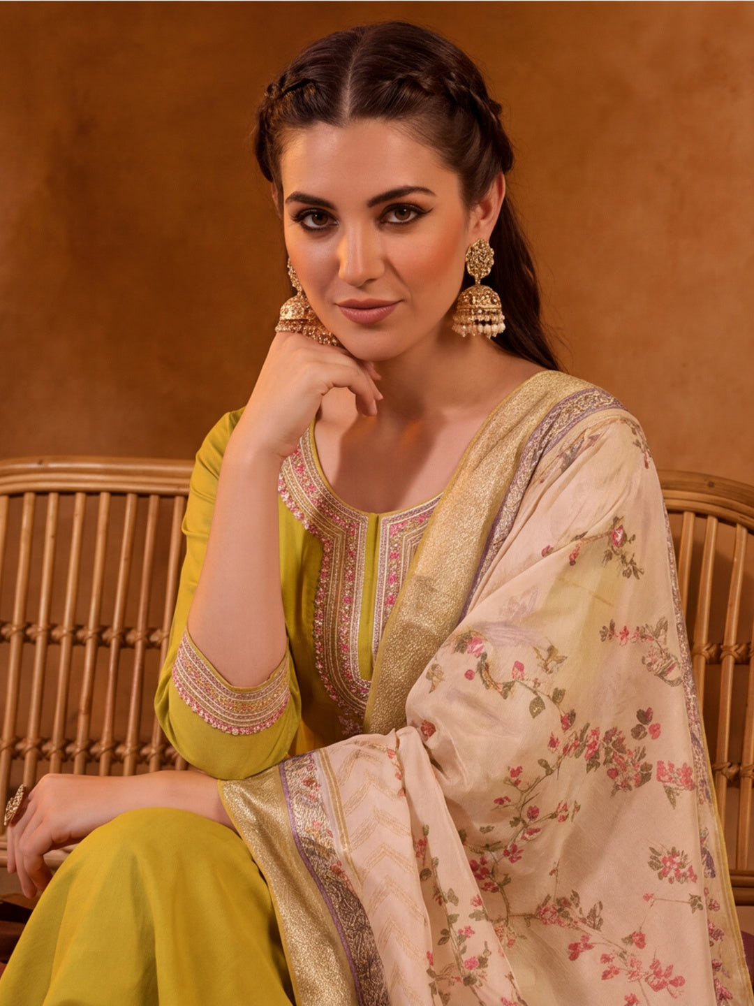 Women Embroidered Mustard Straight Kurta Set with Dupatta