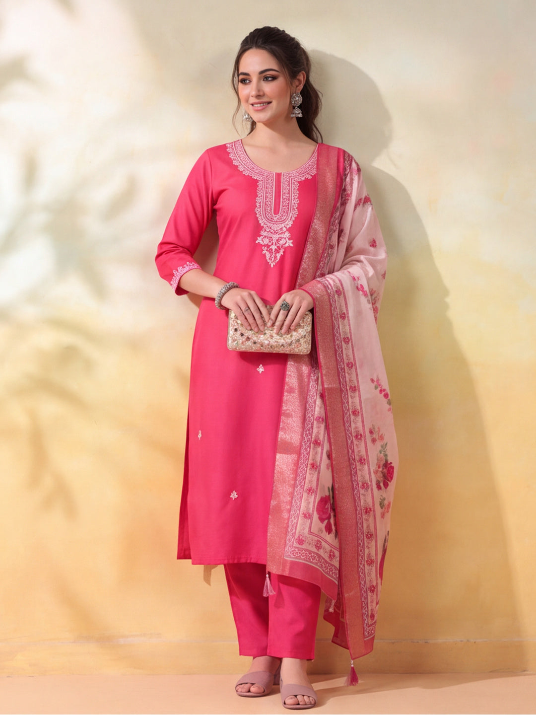 Women Embroidered Rani Pink Straight Kurta Set with Dupatta