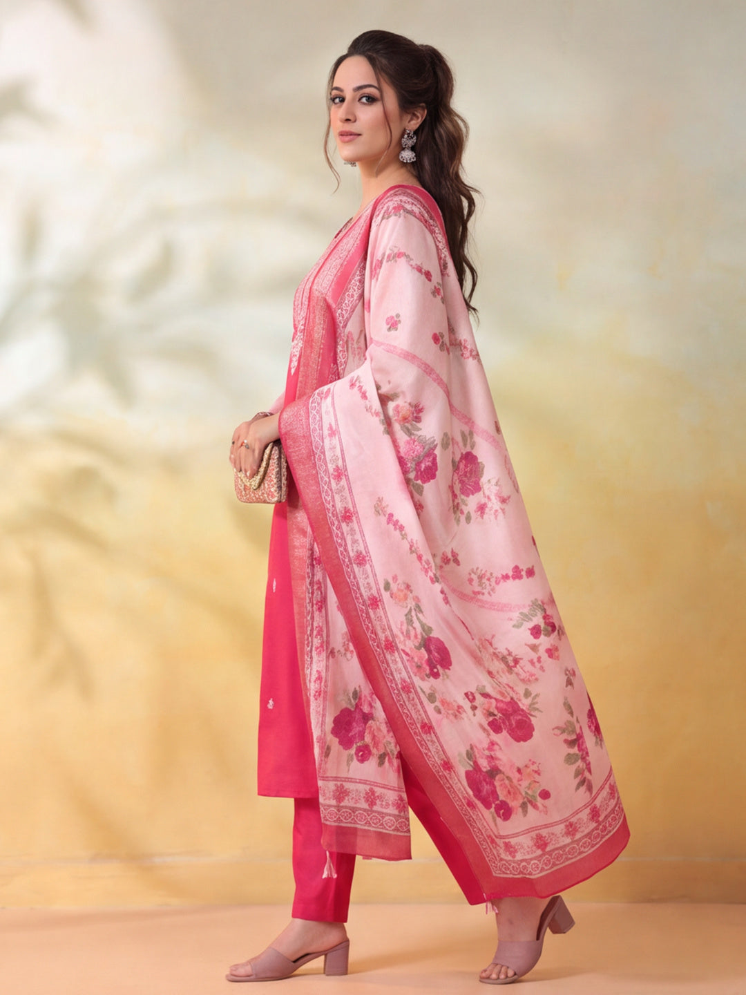 Women Embroidered Rani Pink Straight Kurta Set with Dupatta