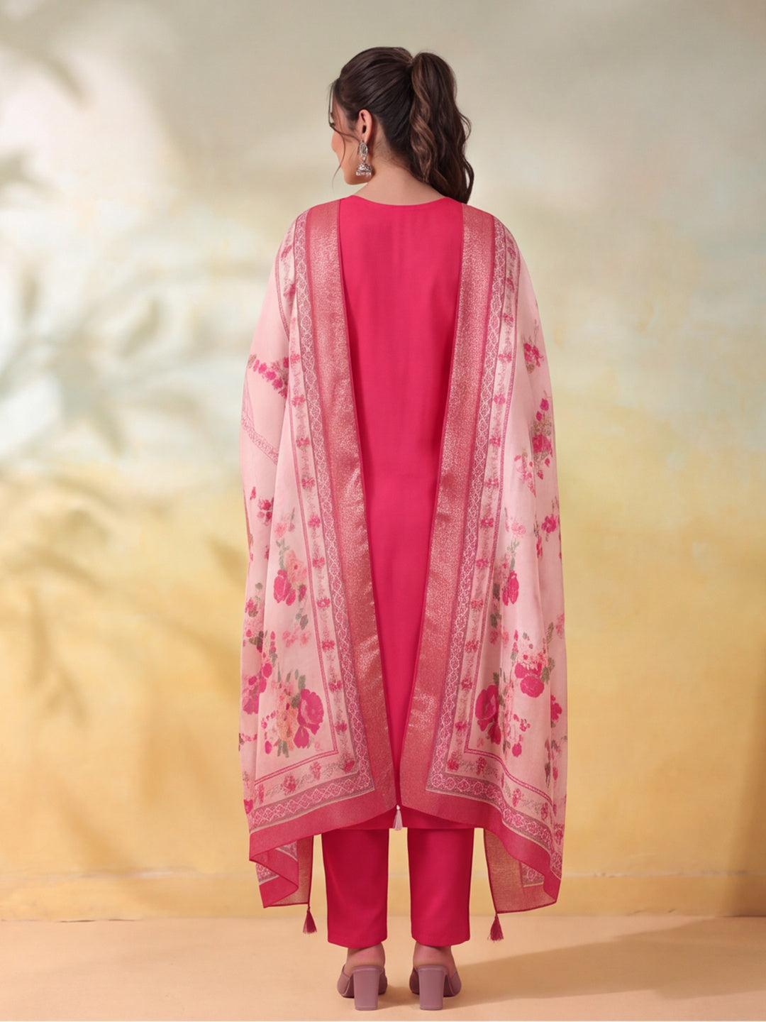 Women Embroidered Rani Pink Straight Kurta Set with Dupatta