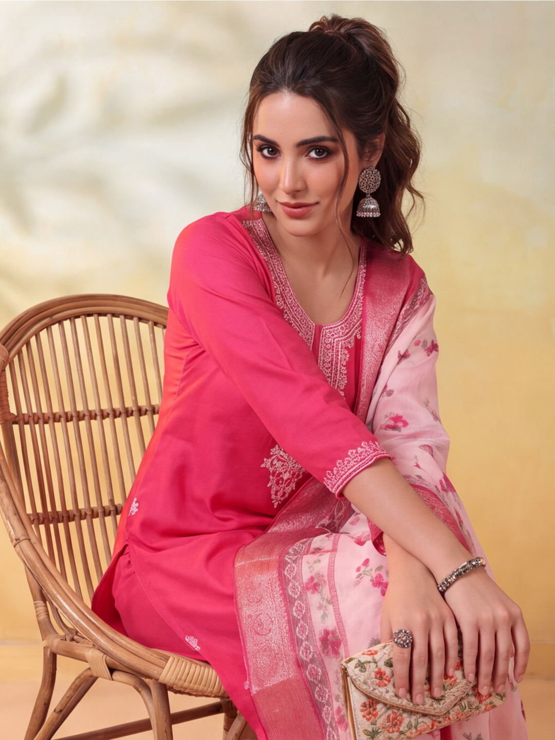 Women Embroidered Rani Pink Straight Kurta Set with Dupatta