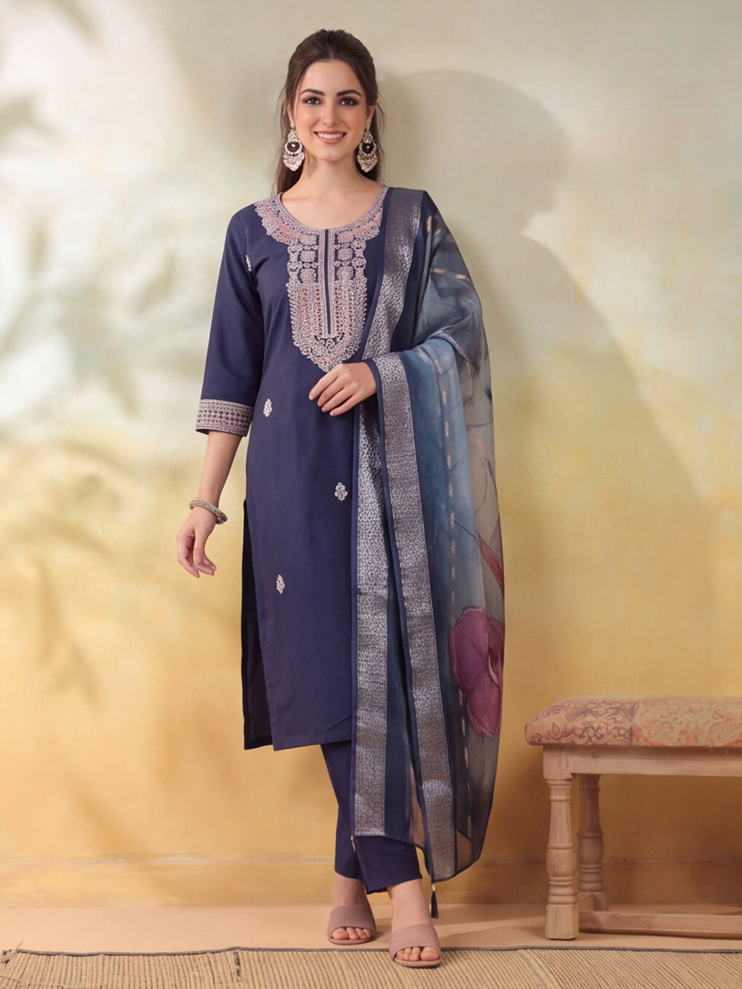 Women Embroidered Navy Blue Straight Kurta Set with Dupatta