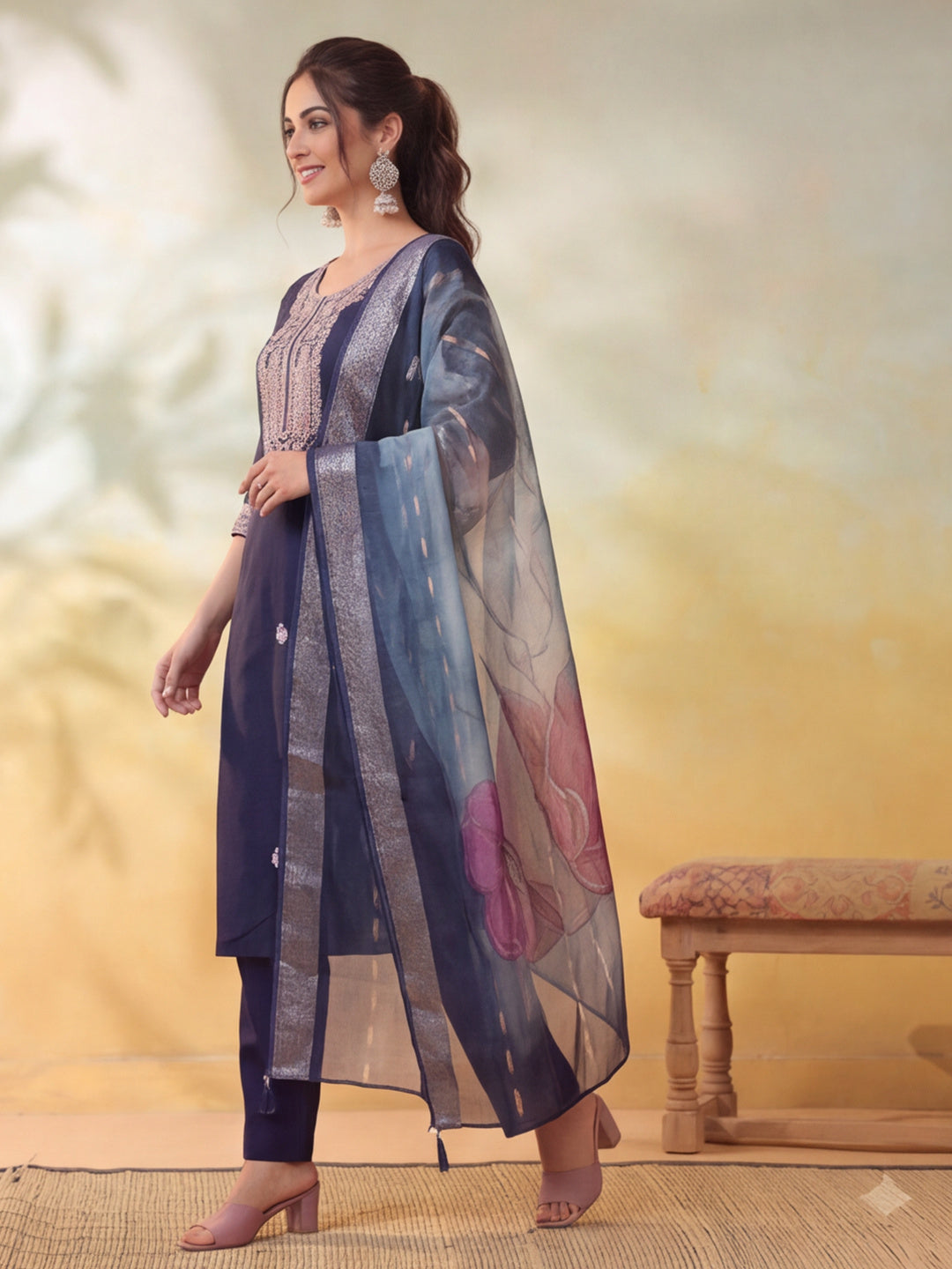 Women Embroidered Navy Blue Straight Kurta Set with Dupatta