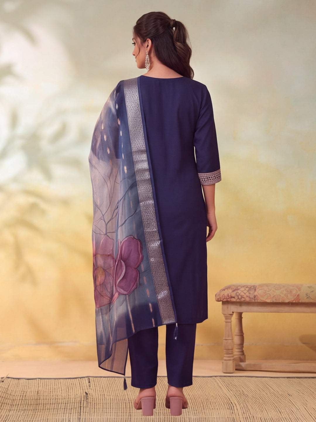 Women Embroidered Navy Blue Straight Kurta Set with Dupatta