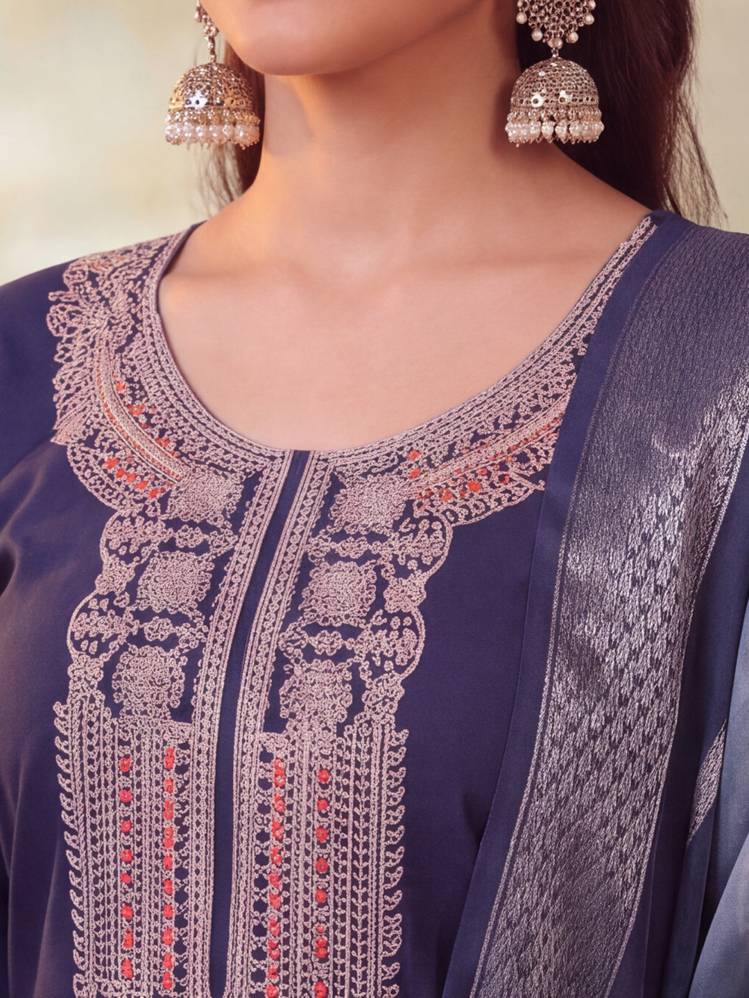 Women Embroidered Navy Blue Straight Kurta Set with Dupatta