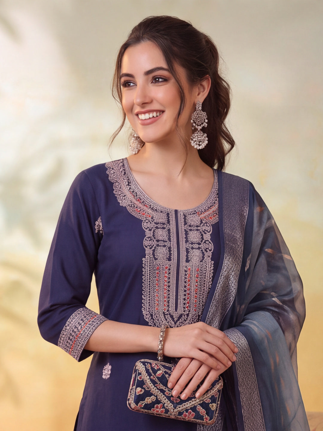 Women Embroidered Navy Blue Straight Kurta Set with Dupatta