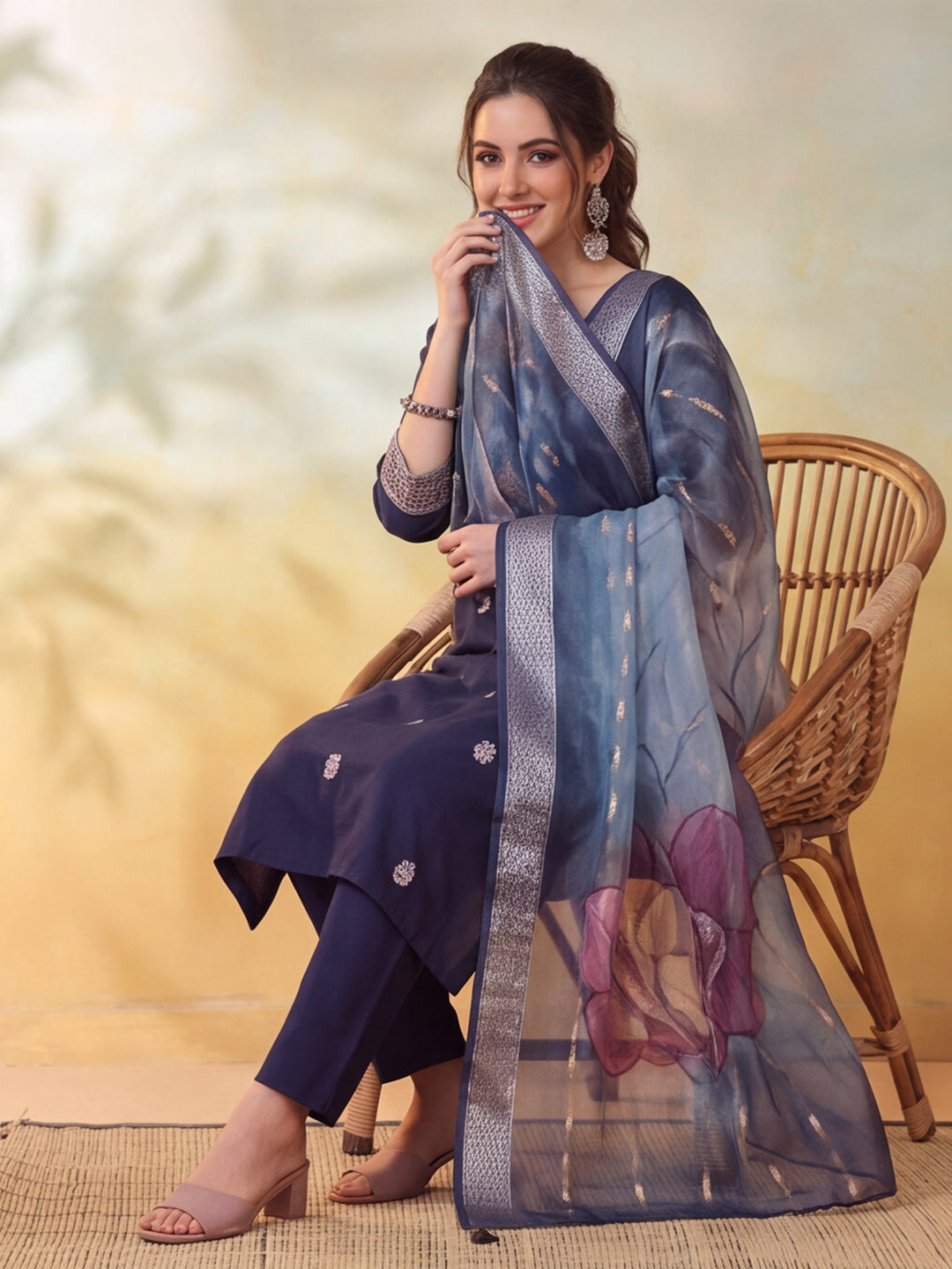 Women Embroidered Navy Blue Straight Kurta Set with Dupatta