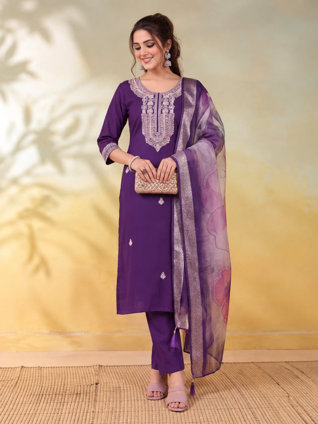 Women Embroidered Purple Straight Kurta Set with Dupatta