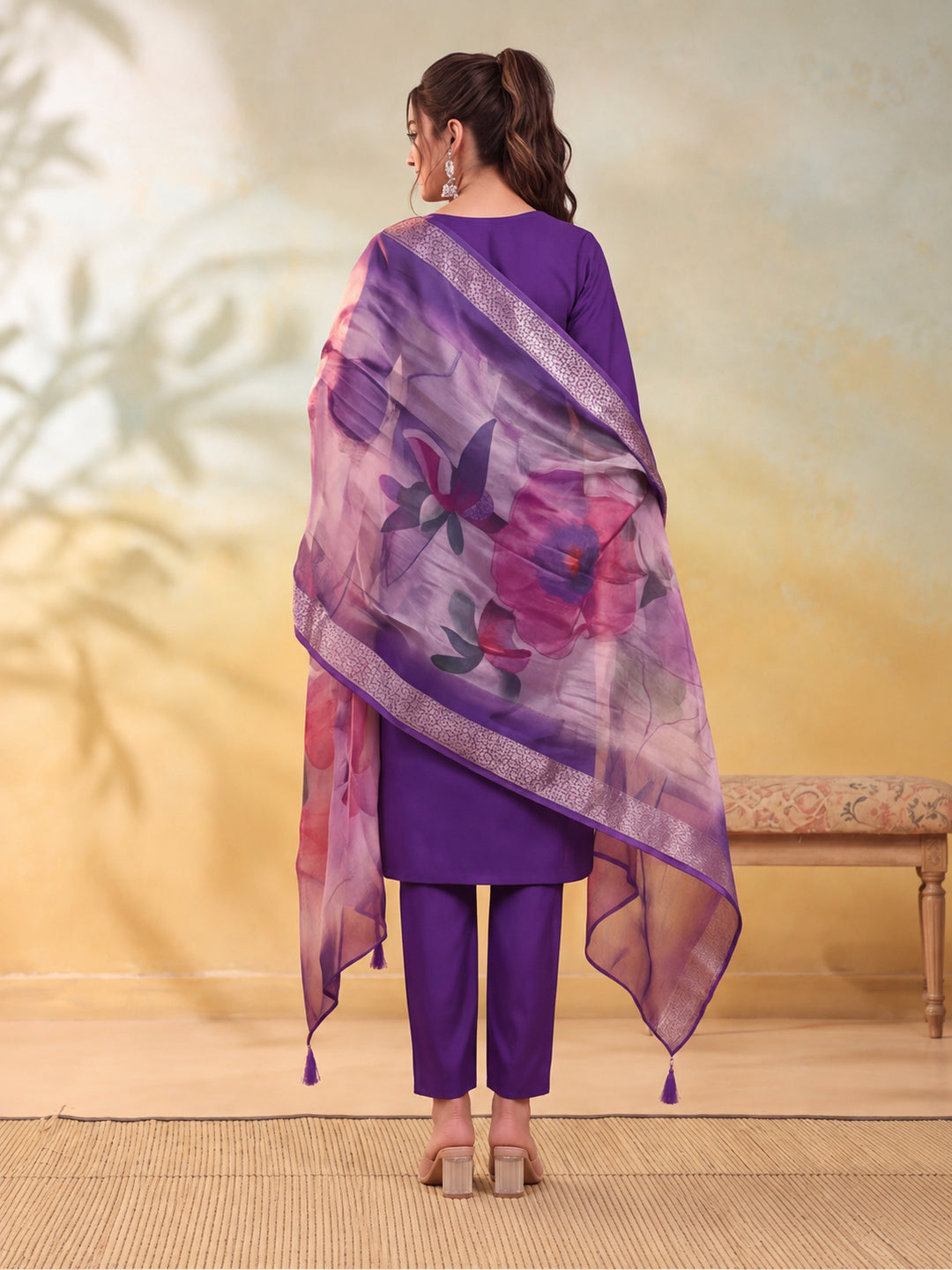 Women Embroidered Purple Straight Kurta Set with Dupatta