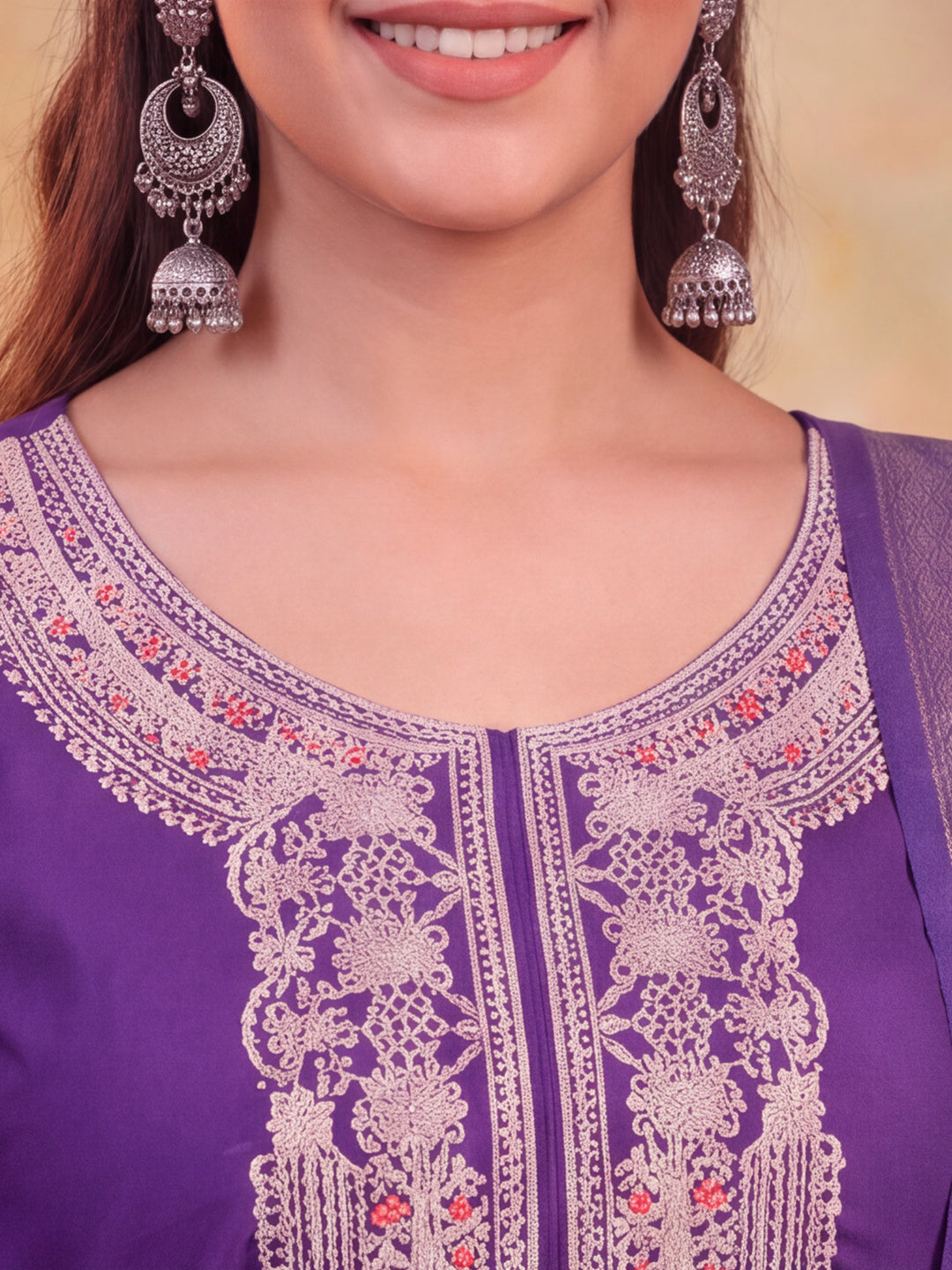 Women Embroidered Purple Straight Kurta Set with Dupatta