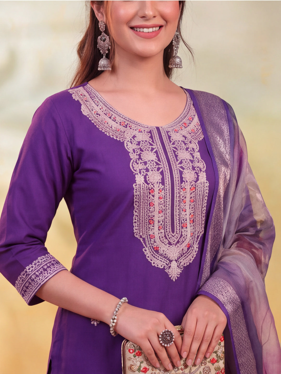Women Embroidered Purple Straight Kurta Set with Dupatta