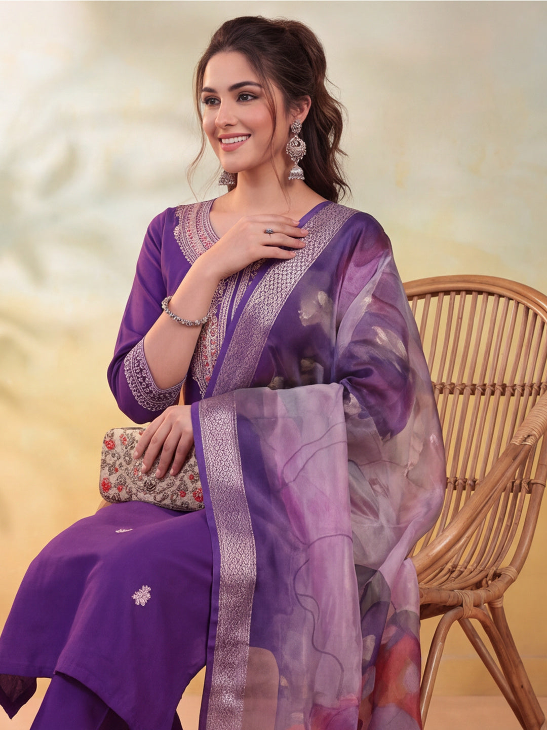 Women Embroidered Purple Straight Kurta Set with Dupatta