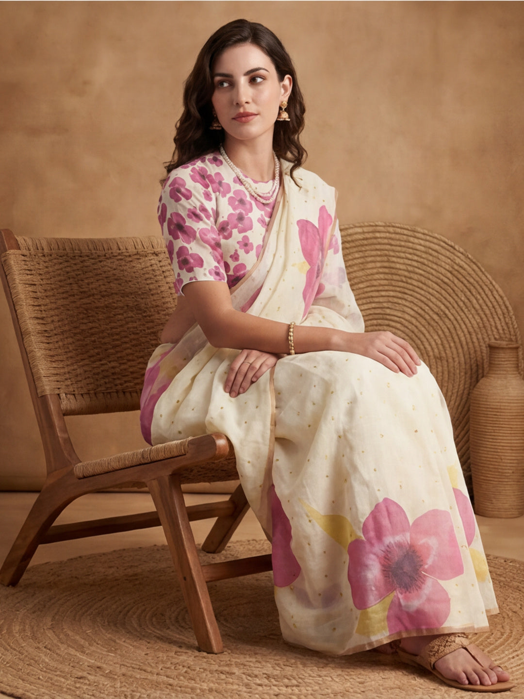 Floral Linen Blend Saree with Unstiched Blouse