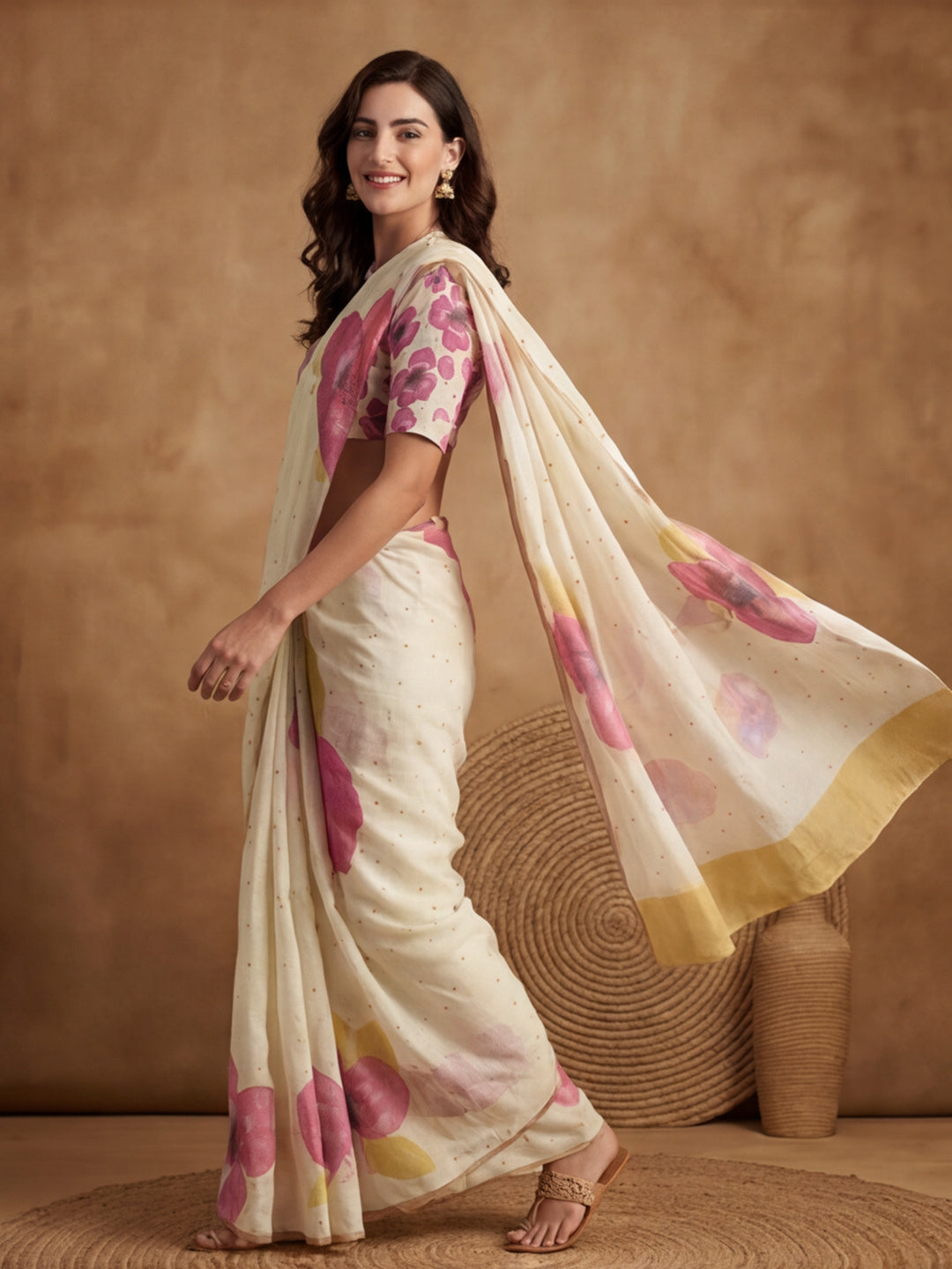 Floral Linen Blend Saree with Unstiched Blouse
