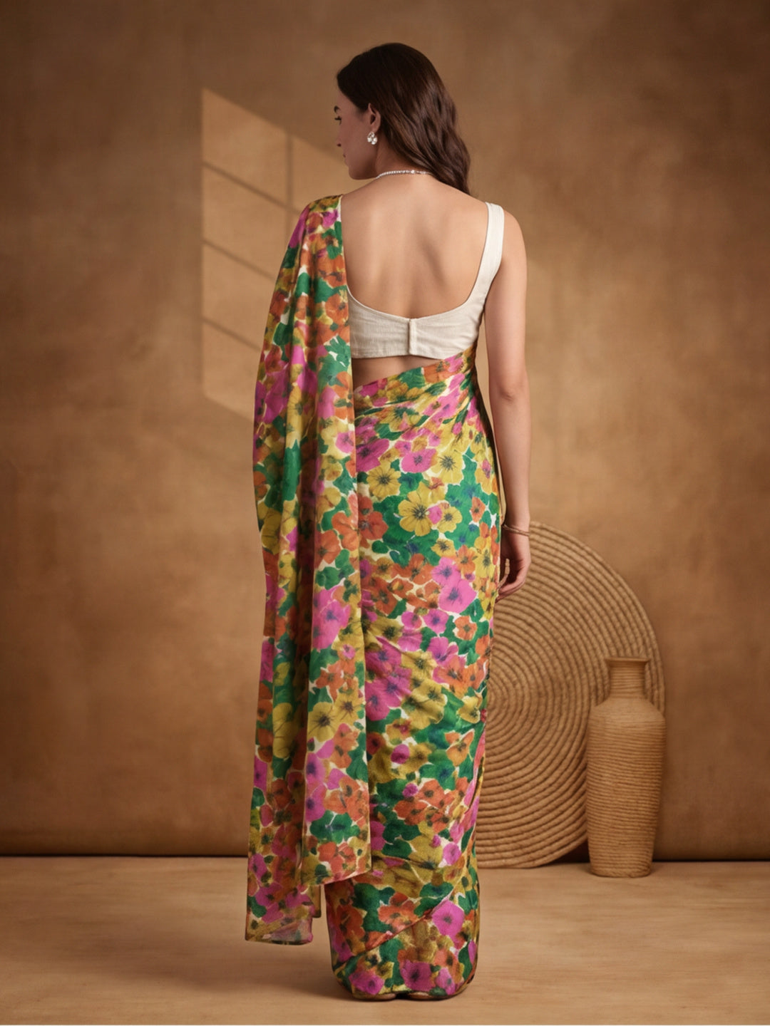 Floral Linen Blend Saree with Unstiched Blouse