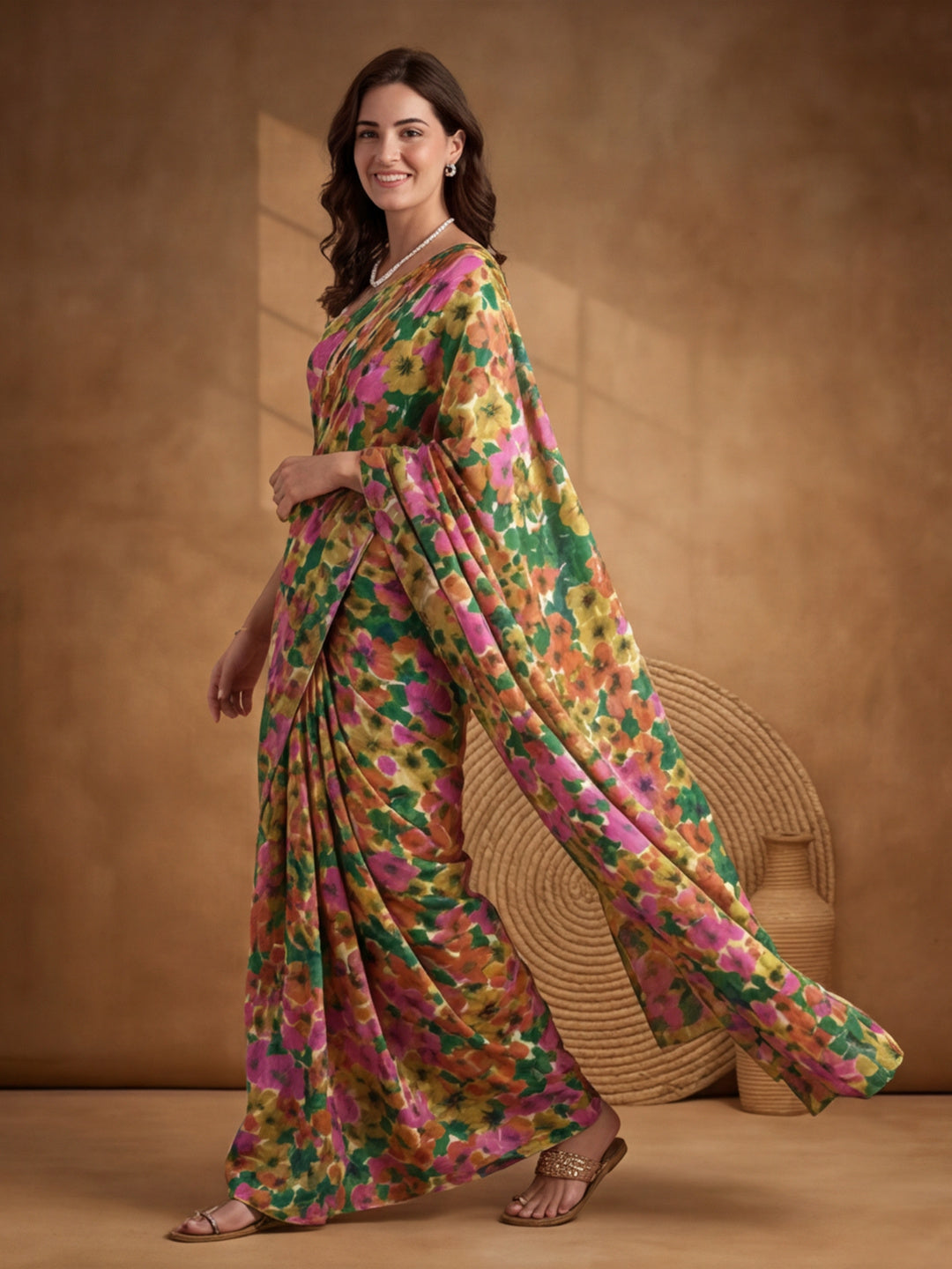 Floral Linen Blend Saree with Unstiched Blouse